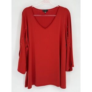 VIP by Avenue Red V-Neck Split Bell Sleeve Top Plus Sz 22/24